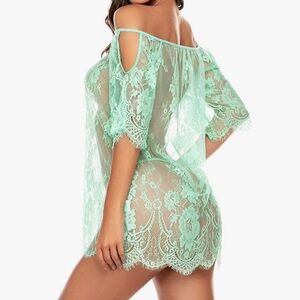 Mint green lace gypsy off shoulder sheer dress